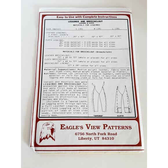 Leggings & Breechclout Pattern PM/71 Sizes S M L Instructions Eagles View Uncut - Picture 4 of 6